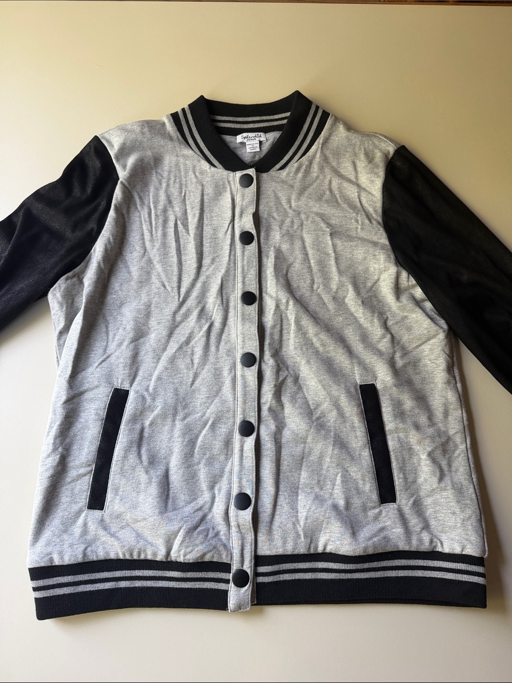 Splendid Bomber Jacket in Gray w Black Shimmer Suede Feel Sleeves
